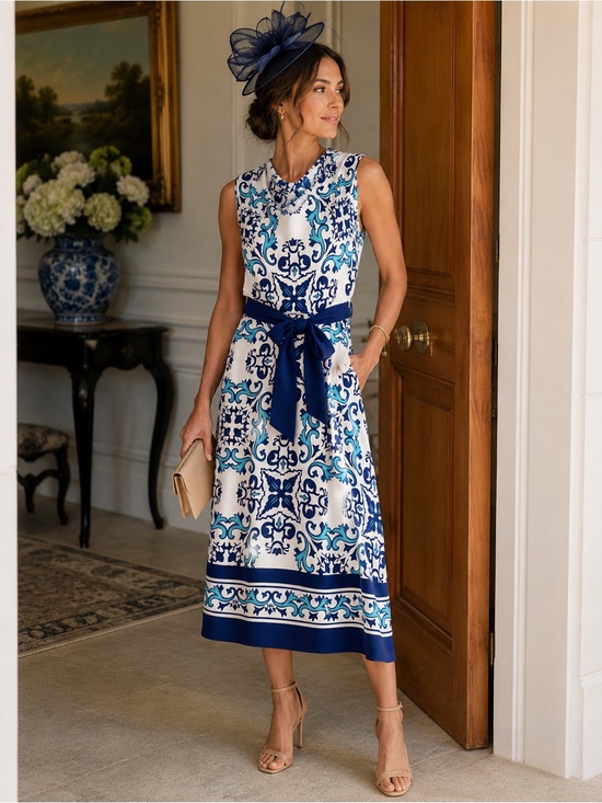 Investments Dresses & Skirts - Investments Blue & White Printed Sleeveless Midi Dress with Navy Sash